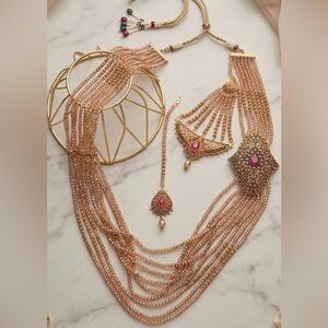 Traditional Kundan-Style Bridal Jewelry Set - Champagne Beads & Ruby Accents